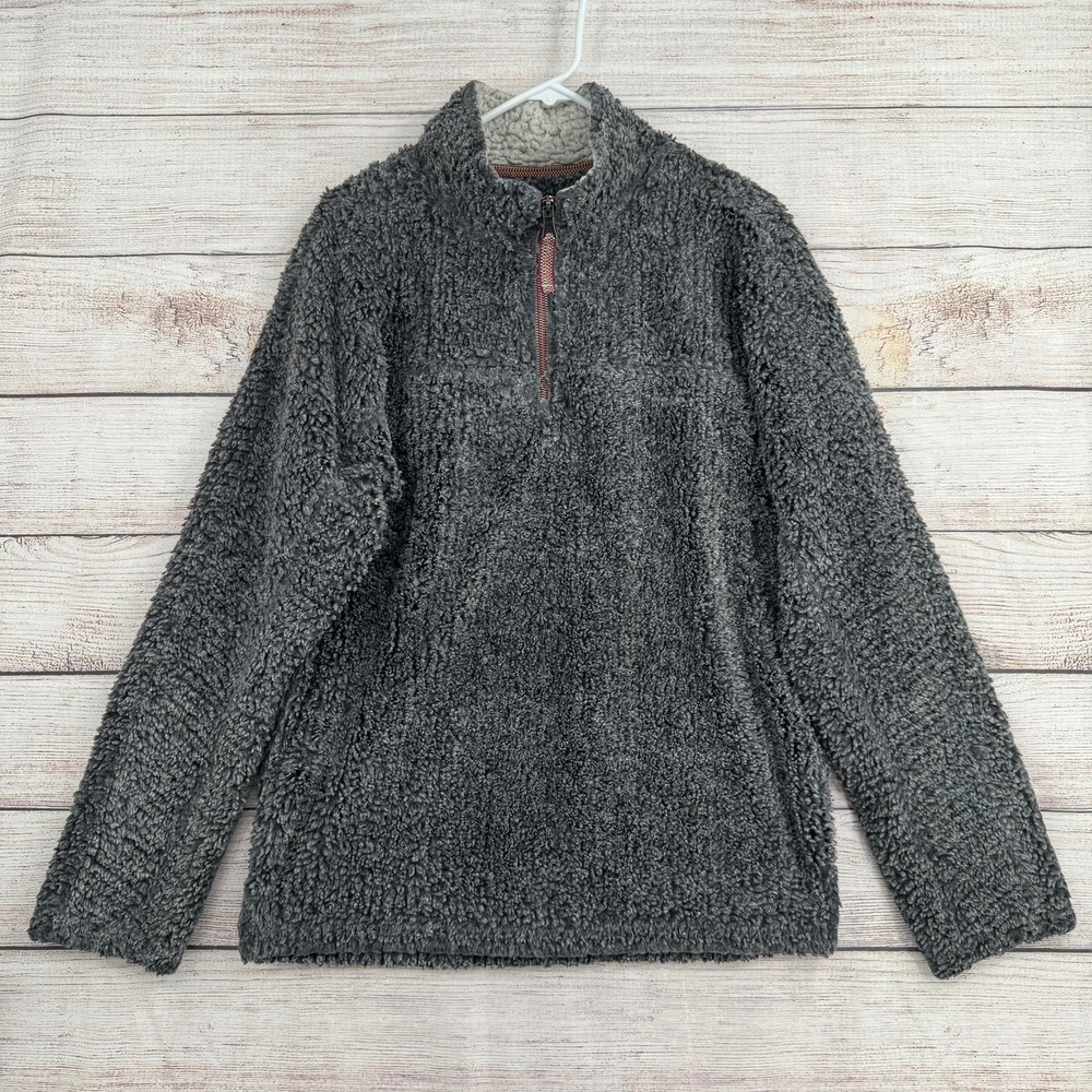 True Grit Fleece Pullover Mens Small Grey Quarter Zip Faux Fur